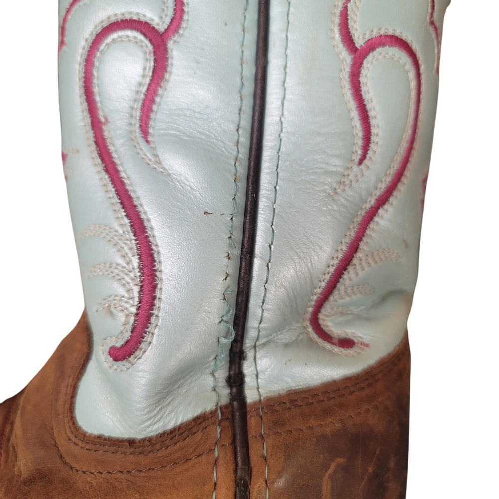 Old West Kids Brown Blue Leather Square Toe Cowboy Cowgirl Boots Size 9.0 D - Picture 4 of 8